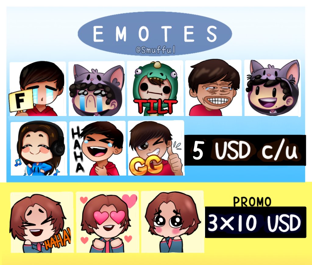 Smufful's tweet image. Mbuenasss, aparezco de la nada para dejar fijado esto. Emotes para twitch con los siguientes precios, consultas por dm C:
Agradezco el rt &amp;lt;3