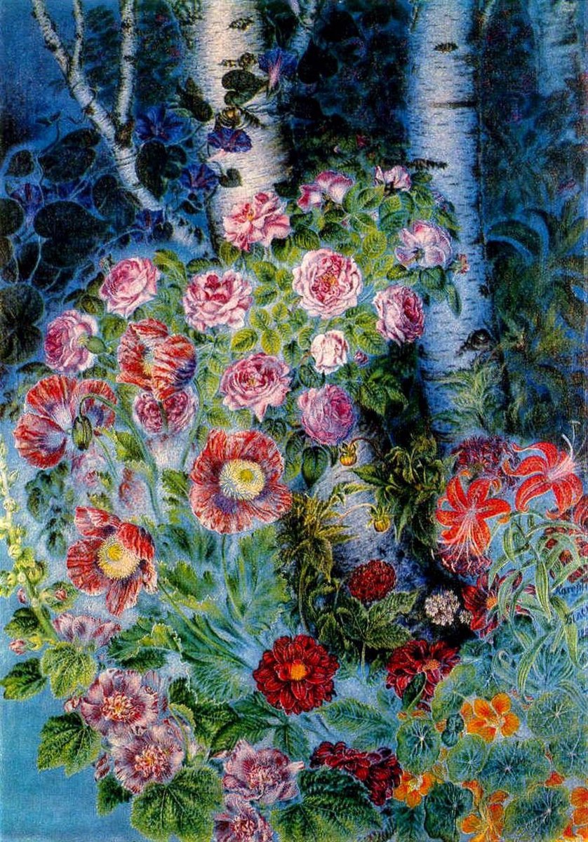 #Maddow 
#UAArtist

Art Break #5

K.Bilokur-“Flowers and Birch Trees in the evening”(1950)

Awarded: ‘Peoples Artist of Ukrainian SSR’-1959
                   ‘Badge of Honor-SSR’

Painted mostly flowers-never picked flowers: “A plucked flower is like a lost destiny”