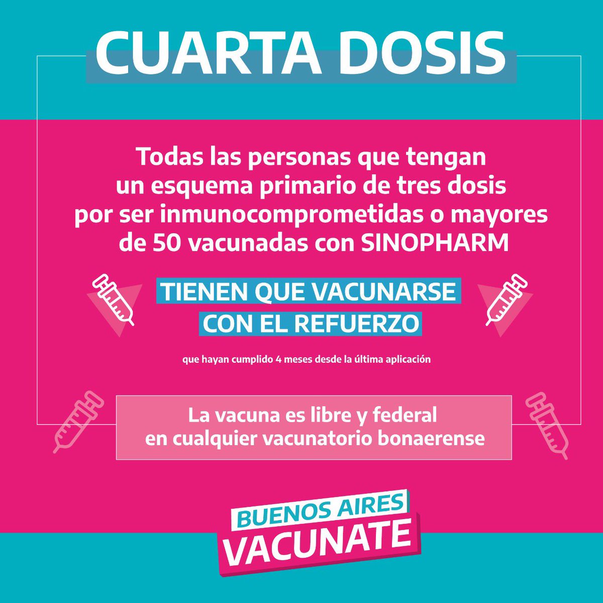 nkreplak's tweet photo. ¡MUY IMPORTANTE! 

Todas las personas cuyo esquema primario sea de tres dosis por ser inmunocomprometidas o mayores de 50 vacunadas con Sinopharm tienen que aplicarse una cuarta dosis como refuerzo. En @BAProvincia es libre y federal. https://t.co/bkB7jbebeL