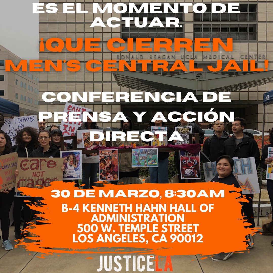 We are showing up to the <a href="/LACountyBOS/">Los Angeles County Board of Supervisors</a> office to demand that the Board reduce the jail population, invest in our communities, and CLOSE MEN'S CENTRAL JAIL by March 2023. 

*ASL and Spanish Interpretation will be available*
*ASL y interpretación en español estarán disponibles*