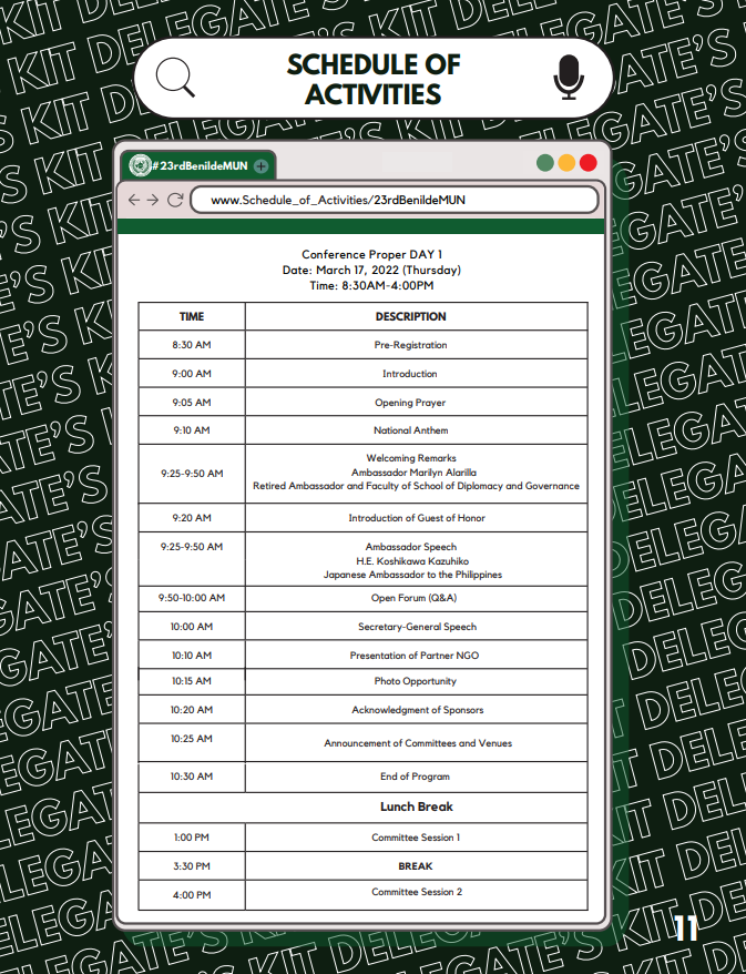BenildeMUN's tweet photo. LOOK: The 23rd Benilde Model United Nations' schedule of activities from Mar. 17 to Mar. 19, 2022.
#23rdBenildeMUN
#ContinueTheLegacy
#BreakingBarriersForPeace https://t.co/z8rKNJW9hj