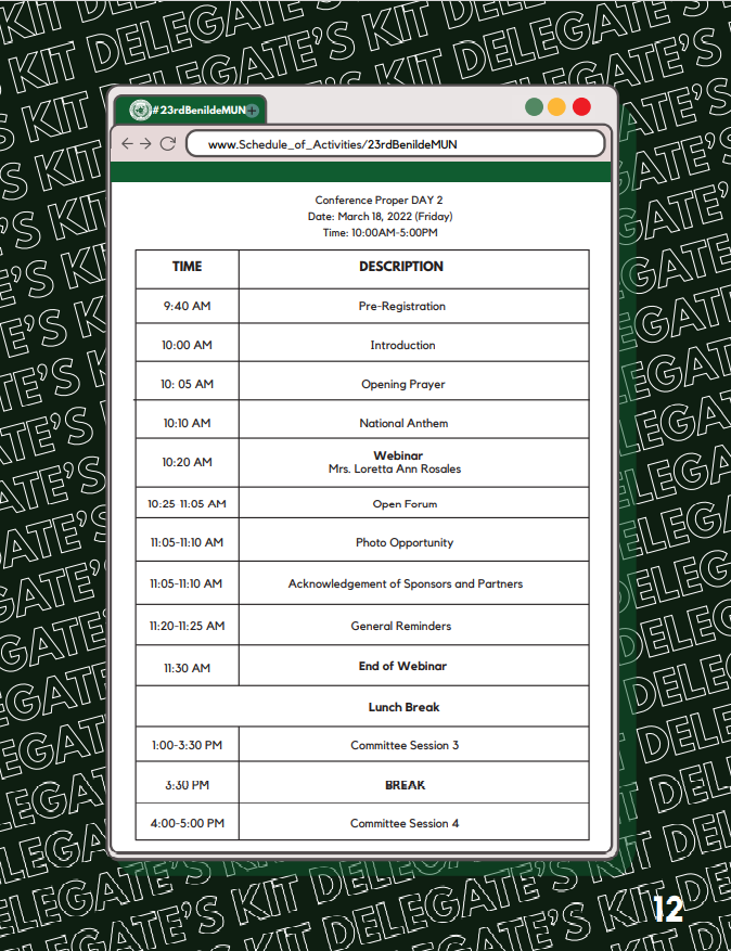 BenildeMUN's tweet photo. LOOK: The 23rd Benilde Model United Nations' schedule of activities from Mar. 17 to Mar. 19, 2022.
#23rdBenildeMUN
#ContinueTheLegacy
#BreakingBarriersForPeace https://t.co/z8rKNJW9hj