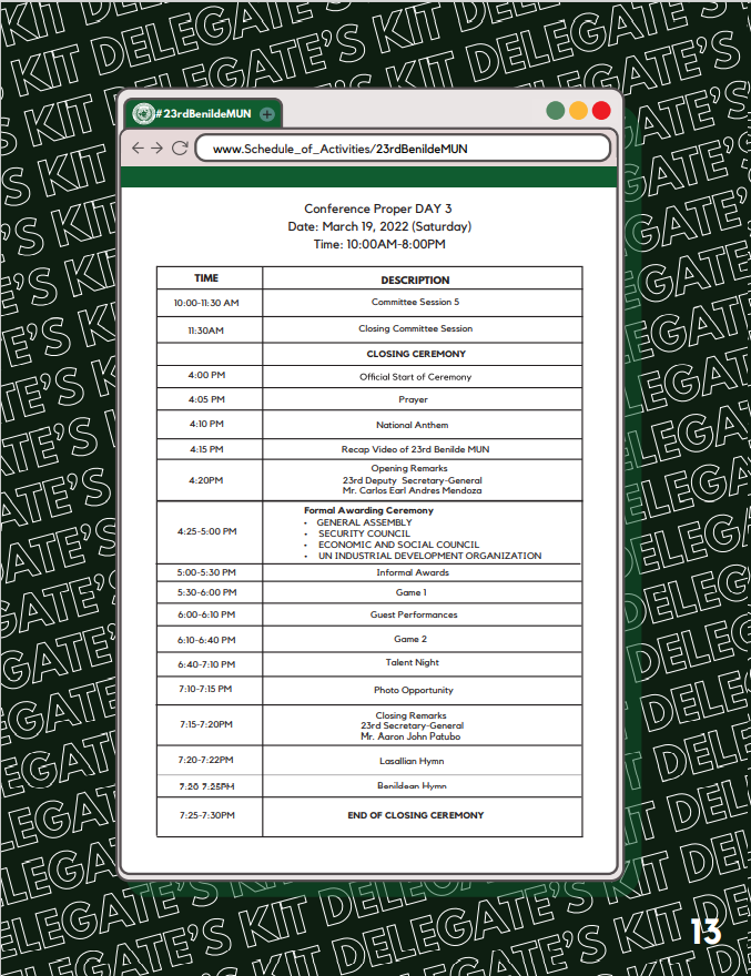 BenildeMUN's tweet photo. LOOK: The 23rd Benilde Model United Nations' schedule of activities from Mar. 17 to Mar. 19, 2022.
#23rdBenildeMUN
#ContinueTheLegacy
#BreakingBarriersForPeace https://t.co/z8rKNJW9hj