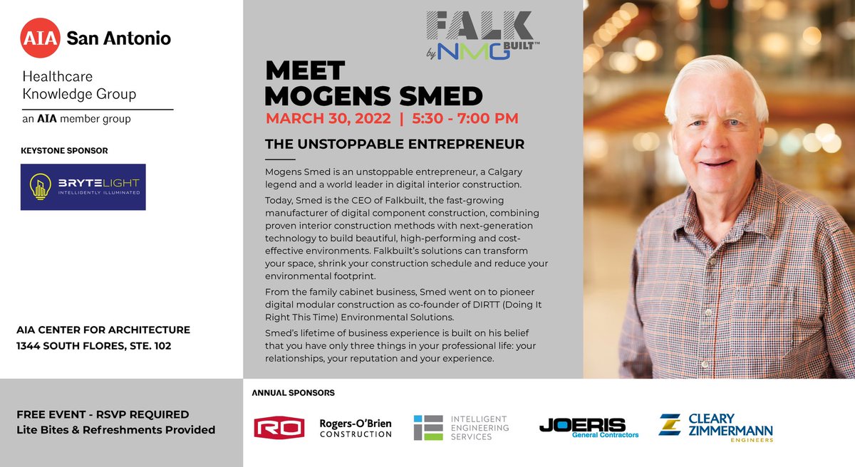 #EventShare | Registration is open for our industry partner, <a href="/AIA_SA/">AIA San Antonio</a> 
event featuring Mogens Smed. The Unstoppable Entrepreneur!

aiasa.org/events/hckg-mo…

#entrepreneur #aiaevent #networking