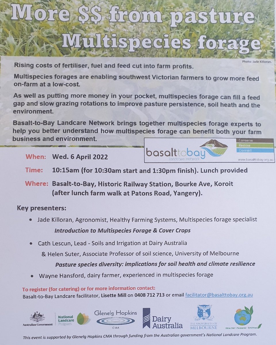 MULTI SPECIES FORAGE EVENT.
KOROIT, VIC.
6th April.
🐑🐂🐖🐓🦆🐎
Bringing in a fantastic line up of producer relevant speakers.

Do encourage any of your SW Vic livestock growers &amp; rural field staff to attend.

Early registrations appreciated.
Free event includes lunch.