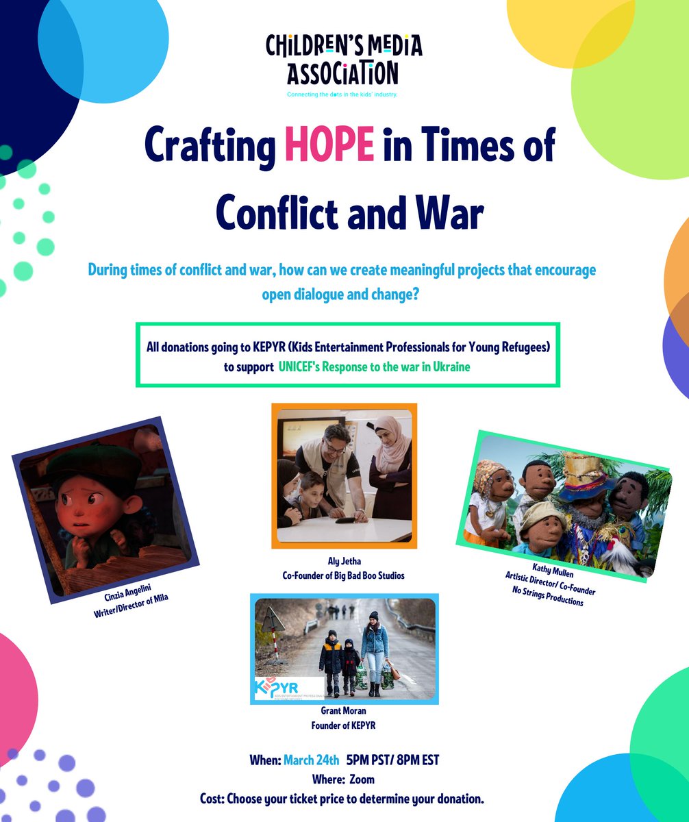 As children's media professionals, how can we create worthy content that catalyzes meaningful change? Join <a href="/cma/">Children's Media Association</a> on March 24th for a virtual discussion that helps <a href="/team_kepyr/">KEPYR</a> support <a href="/UNICEF/">UNICEF</a> in the #Ukraine: bit.ly/cmaHOPE #UkraineRussiaWar #cmaHOPE