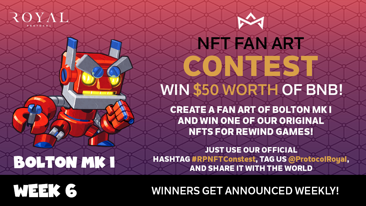 This week's fan art design contest is for our Bolton MK.1 #NFT! 👑

Remember to use our hashtag #RPNFTContest, and tag us <a href="/ProtocolRoyal/">Royal Protocol</a> before sharing it with the world. 😍 

The winner will be announced Monday and receive $50 worth of #BNB and our featured #NFT! 👾