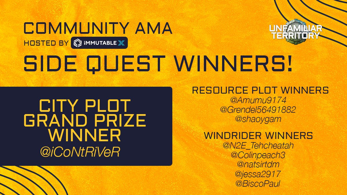 Unfam_territory's tweet photo. You came to the @Immutable AMA last week. You heard all about Unfamiliar Territory Gameplay. And you shared your main takeaways. Now, WHO WON the loot!? Congratulations!!!! #nftgame #playtoearn #playandearn #Unfam_poweredbyIMX https://t.co/OLsBC9NIym
