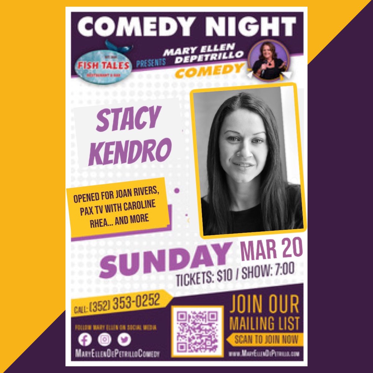 ⭐️You don’t wanna miss this Sunday’s Night of Comedy presented by Mary Ellen DePetrillo Comedy at Fish Tales Restaurant here in Homosassa with <a href="/stacykendro/">Stacy Kendro</a> 
•
#comedynight #homosassa @fishtaleshomosassa #maryellendepetrillocomedy