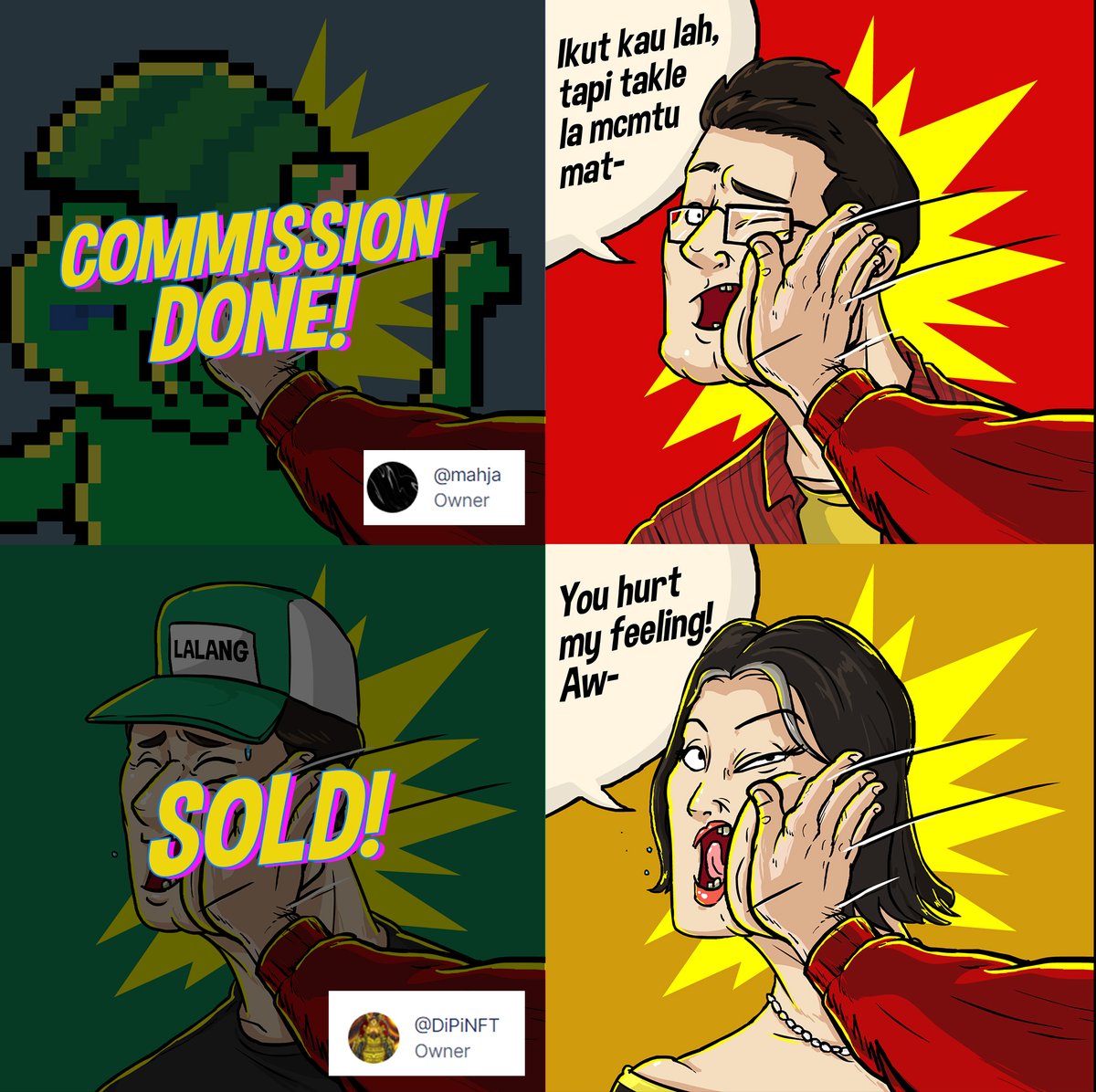 PelempunkNFT's tweet photo. Thank you to @DiPiNFT for grabbing abg lalang from yesterday drop! And also thanks to @mahjaaaaa for commissioning to make derivative of his @KucingPunkLive #500!

2 more pelempunk still available on marketplace, go get em! Thanks!

https://t.co/POkcAuSFoY

#nftcommunity #pentas https://t.co/9Cs30nzfy8