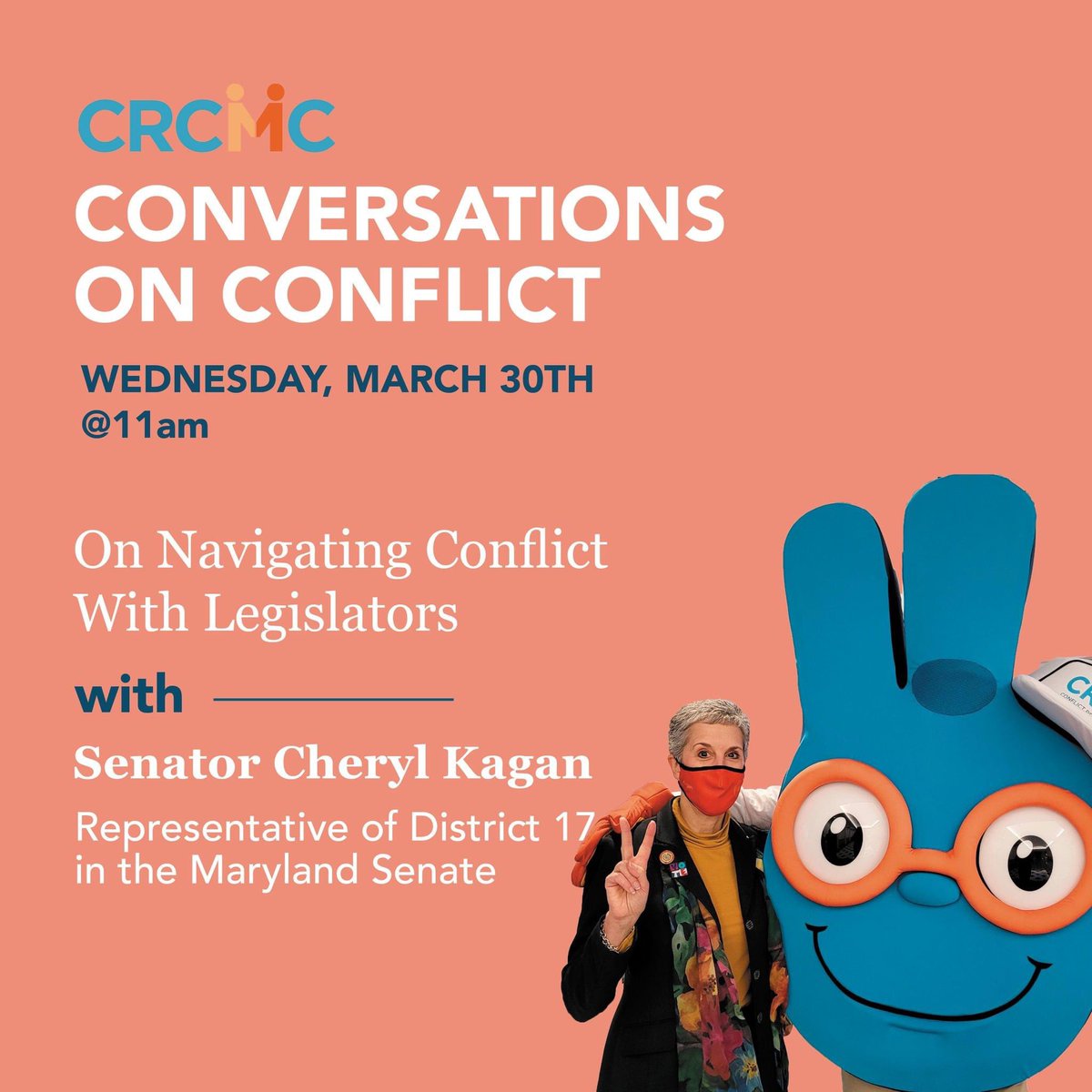 CRCMCtweets's tweet photo. Are you ready for Conversations on Conflict with Senator Cheryl Kagan?
#MontgomeryCountyMD #conflictresolution #crcmc #mediation #community #nonprofit #socialimpact #conflictmanagement #senator https://t.co/sjXeeOfG7Z