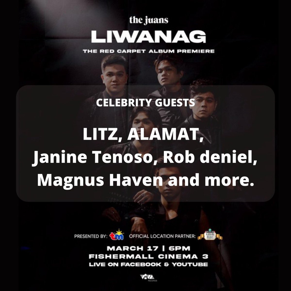 viva_records's tweet photo. VIVA Records Artists and more are gracing us with their presence at LIWANAG: The Red Carpet Premiere of @TheJuans_BAND 

Today (Mar 17) 6PM at FisherMall Cinema 3

You may also watch it LIVE via The Juans Facebook and Youtube accounts

See you there Juanistas!

#LIWANAGRedCarpet https://t.co/KG4chIq5k9