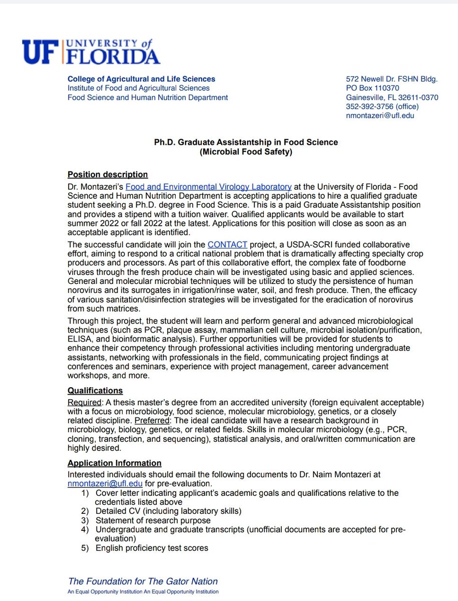 olathony's tweet photo. TO WHOM IT MAY CONCERN 

Ph.D Graduate Assistantship in Food Science (Microbial Food Safety).

👇👇👇 https://t.co/yR02mlbfPw