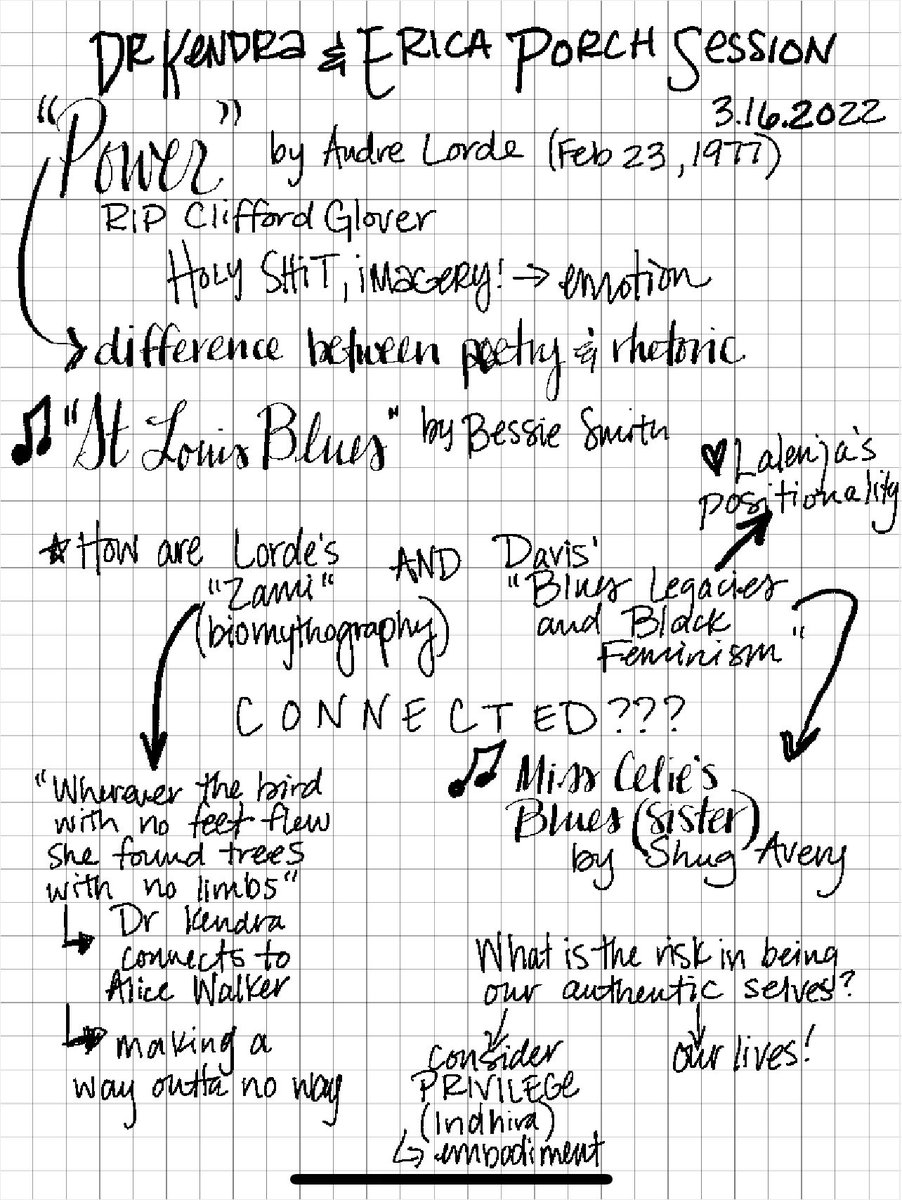 CSpearsEDU's tweet image. Sharing from Black Women’s Liberatory Praxis class…

Today’s breathing chorus + meditation in recognition of Audre Lorde: “I am who I am; doing what I came to do.”

Sketch notes from the last two weeks. 
#FirstGenDocs