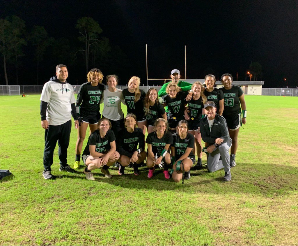 ChoctawFlagFB's tweet photo. Great way to kickoff our season with a W vs @NicevilleFlag 27-0. @RowanFranklin had a great night 2 passing tds and 1 rushing. Plus a int on D herself. @marissabrown24 had a 55 yard rec td. Special teams got in on it too with a punt return for td! @dawgsgirlsflag tomorrow night https://t.co/iCHhjtdkYI