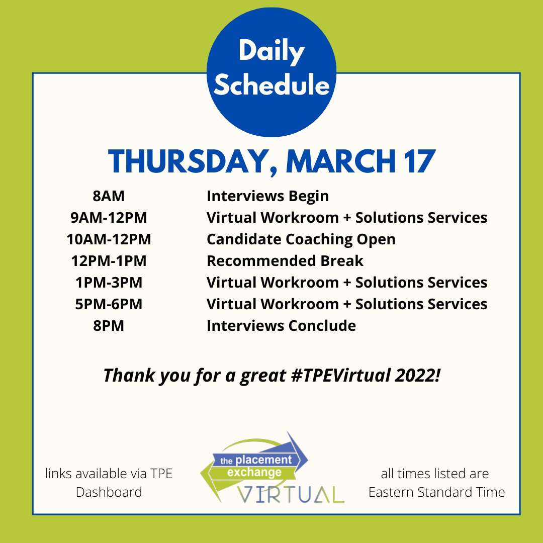 Good morning, #TPEVirtual! Can you believe we've reached our final day of interviews?! Here's a look at today's schedule.
#SAGrad #SASearch #SAPro #SAChat