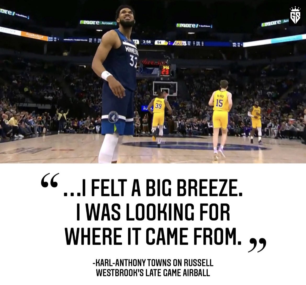 MsShondaBrown's tweet photo. Karl-Anthony Towns addressed the media why he looked around the arena after Russell #Westbrook air-balled late in the game.

Wolves beat the Lakers 124-104.

#NBA #Towns #Wolves #Lakers https://t.co/n91FkT65Hi