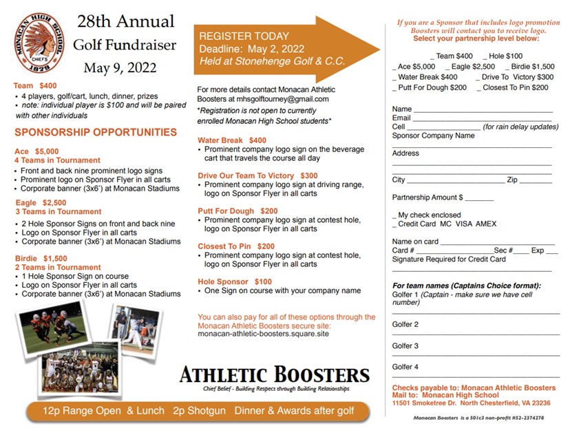 Mark your calendars for May 9th to join in on Monacan Athletic Booster's 28th Annual Golf Fundraiser! Register a team by May 2nd and/or please consider being a sponsor for the event! Sign up to participate via the Booster's web site monacan-athletic-boosters.square.site. Thank you! Go Chiefs!