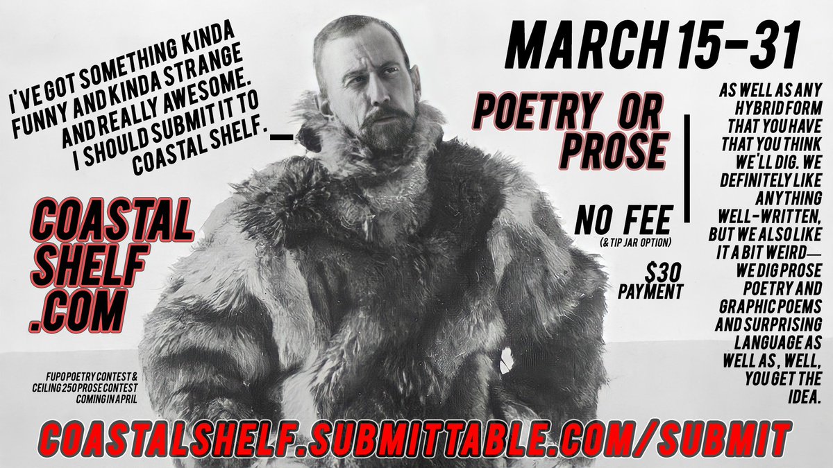 CoastalShelf's tweet photo. We're open for no fee poetry and prose submissions for a limited time! Get your subs in today! Tell your friends! #poetrycommunity #WritingCommnunity #Poetry #Prose #litmag @Duotrope @trishhopkinson  
https://t.co/xas7JP7mKD https://t.co/AZ7k5296ni