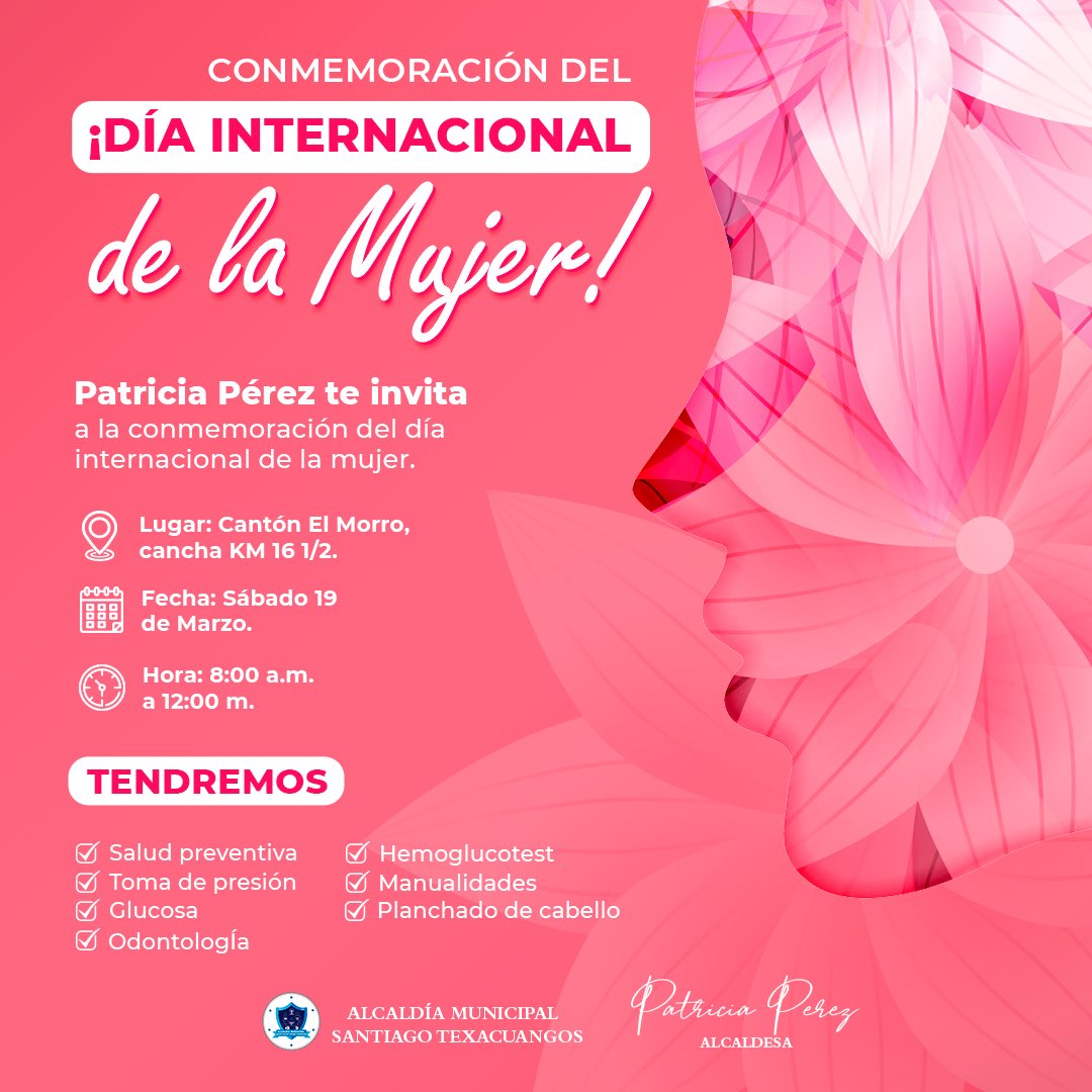AlcaldiaStx's tweet photo. !Asiste a la conmemoración del día internacional de la Mujer !💜 esta vez en Cantón El Morro.💜 

No faltes, será un evento con diferentes actividades y sorpresas durante toda la mañana.

📍Lugar: Cantón El Morro, cancha KM 16 1/2.
🗓 Fecha: Sábado 19 de Marzo.
⏰ Hora: 8:00 a.m https://t.co/1c3XoUACH7