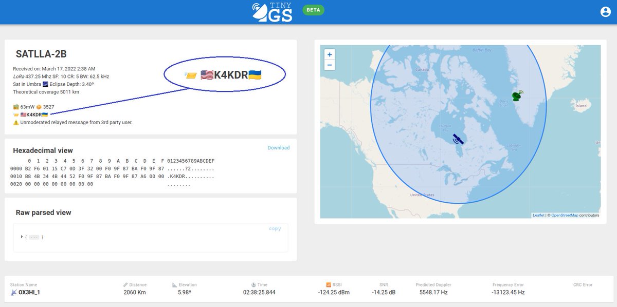 Decode of LoRa packet w/ U.S. & Ukrainian flag emoji symbols relayed through the SATLLA-2B satellite & received by a ground station on the tinyGS network