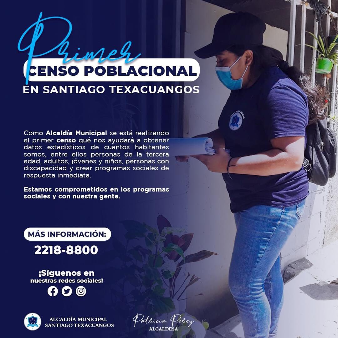 AlcaldiaStx's tweet photo. Como alcaldía municipal se está realizando el primer censo qué nos ayudará a obtener datos estadísticos de cuantos habitantes somos, entre ellos personas de la tercera edad, adultos, jóvenes y niños, personas con discapacidad y crear programas sociales de respuesta inmediata. https://t.co/yIt9mQ9TA5