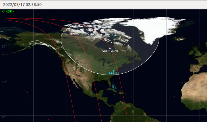 SATLLA-2B orbit in GPredict tracking south-to-north over the NE U.S. & Canada over Hudson Bay