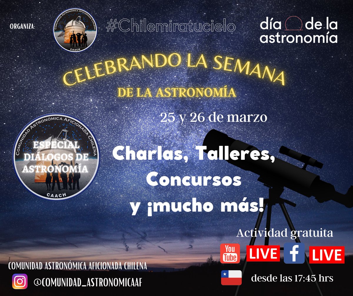 ComAstronomica's tweet photo. Te invitamos a participar de las actividades que realizaremos sumándonos a esta gran celebración 💫🌟🔭
#DíaDeLaAstronomía 2022 #ChileMiraTuCielo 
Entretenidos talleres y charlas gratuitas 📡🌎
Habrá premios y sorpresas durante las transmisiones 🪐⭐👩🏻‍💻#FacebookLive y #YouTubeLive https://t.co/qdNFf2ZmhQ