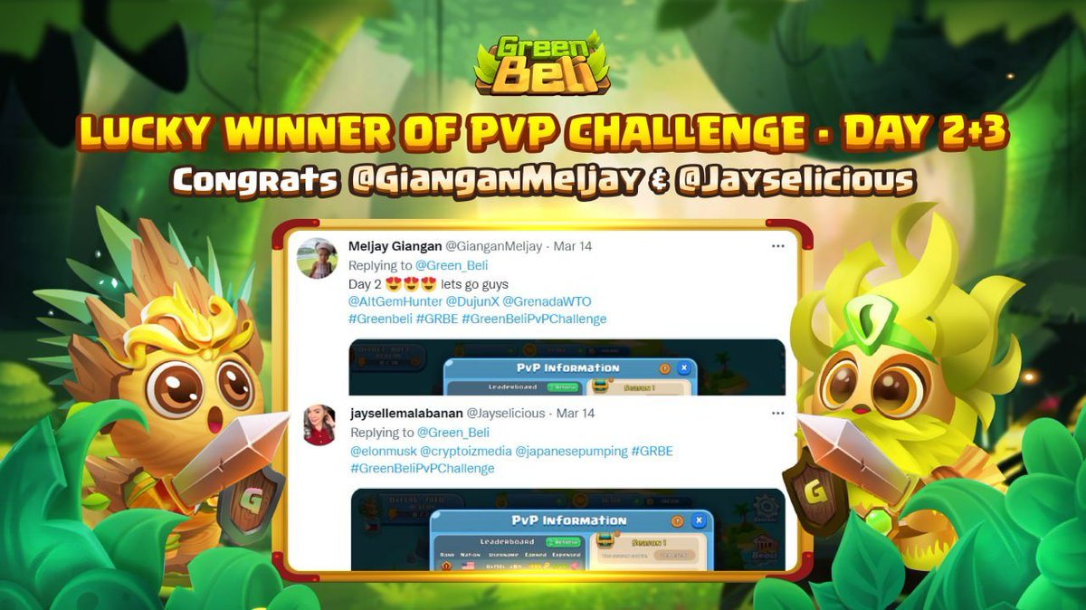 Green_Beli's tweet photo. LUCKY WINNER - PVP CHALLENGE 2 + 3
Congratulations @GianganMeljay &amp; @Jayselicious  - The next lucky winners of PvP Challenge Day 2 &amp; Day 3
Winners have to contact Green Beli Fb (https://t.co/ZPXlHA6Le2) within 1 day to claim rewards
Go join PvP challenge 4 https://t.co/bcVb64qp0Z https://t.co/D3AySrIekg