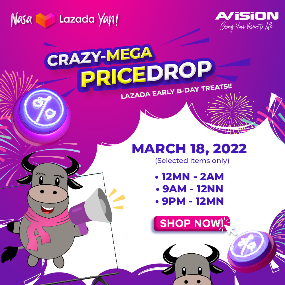 avisionph's tweet photo. CRAZY-MEGA PRICE DROP!! This Lazada Early Birthday Treat! 😍

Coming to you this March 18, 2022! (Selected items only!)
• 12MN – 2AM
• 9AM – 12NN
• 9PM – 12MN

Shop now and find the Smart TV you want! - https://t.co/vROtbNiesk

#LazadaPH #Crazy #Mega #PriceDrop #AvisionPH https://t.co/6UZSBlYVLL