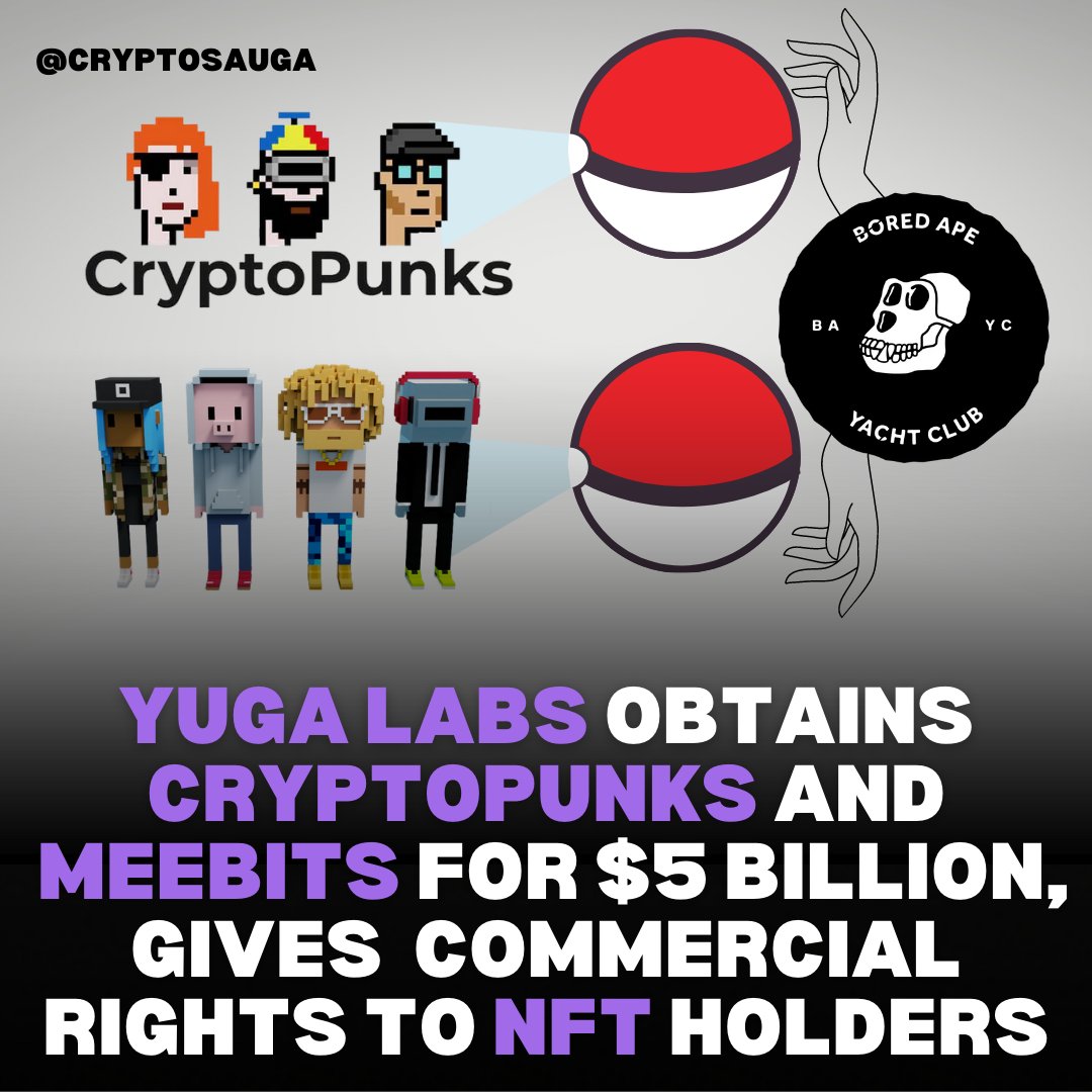 The hottest two projects in an explosive asset class merge. Yuga Labs, the company behind Bored Apes Yacht Club #BAYC, announced the acquisition of the intellectual property rights (IP) of #CryptoPunks. Yuga Labs also acquired #Meebits’ IP as part of the deal #NFT #Metaverse