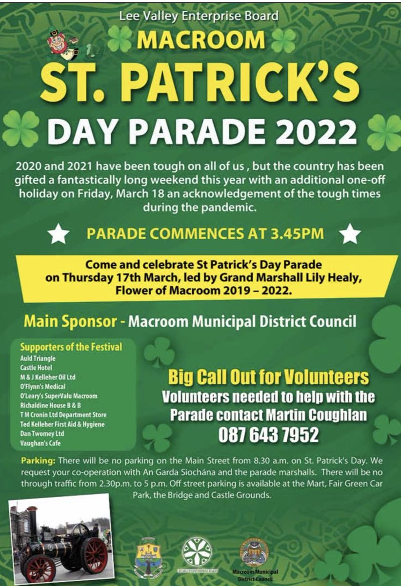 Happy St Patricks Day. Parade starts at 3.45 in Macroom today #LeeValleyEnterprise