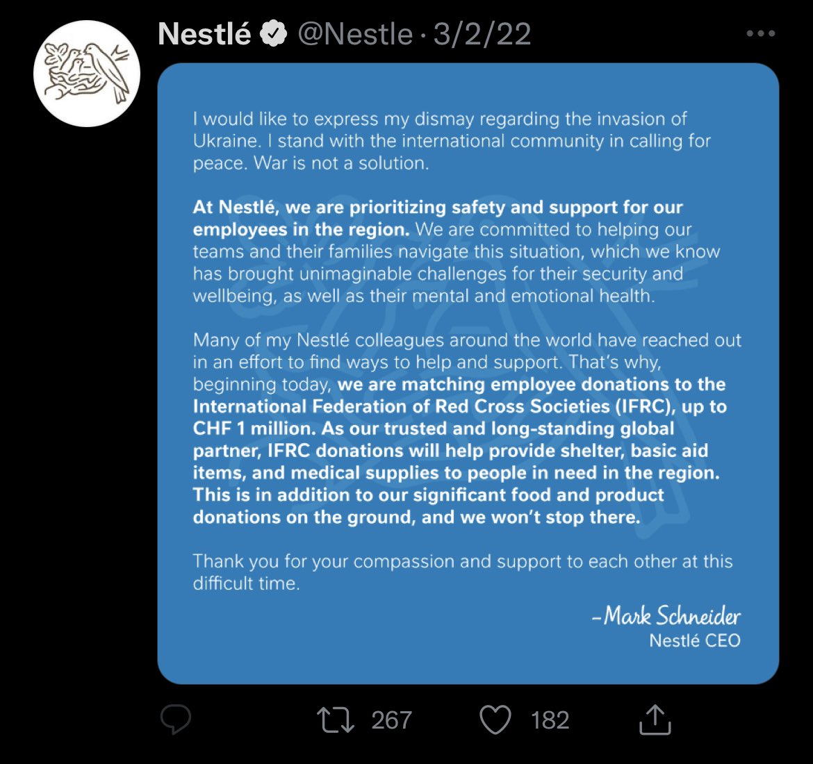 lalaandco's tweet photo. @ZelenskyyUa urges to boycott brands that have not left Russia… you can’t comment on @Nestle so I will here… it is not enough… Putin is a world threat, he won’t stop. This is press release is unacceptable. We will all have to make sacrifices… common!!!! https://t.co/GfFAaIJc67