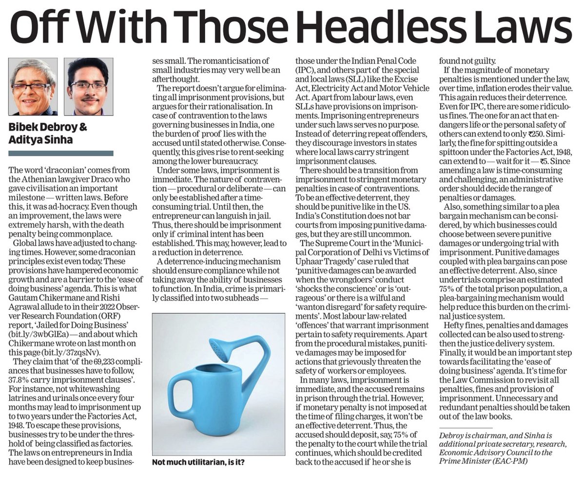 EACtoPM's tweet photo. Unnecessary and redundant penalties should be taken out of the law books. Dr @bibekdebroy, Chairman, EAC-PM & @adisinha13 write. https://t.co/niJAY6XqhS via @economictimes https://t.co/RuxDwoMN1g