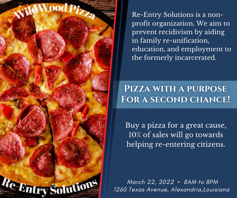 ReEntry4CENLA's tweet photo. Pizza With A Purpose is in 5 MORE DAYS!!! Don't forget to mark your calendars.
.
.
.
#pizzawithapurpose #secondchances #reentryprogram #supportlocalcause https://t.co/ppMCvJiLGH