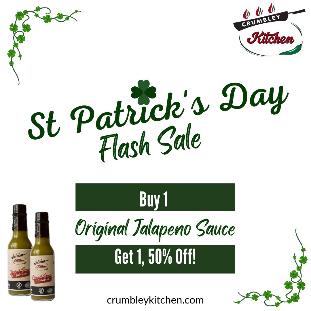 CrumbleyKitchen's tweet photo. When I was a kid, I remember going to school every St. Patrick's Day and being served green milk &amp; green cookies!

In honor of those memories - and hoping to help you build better ones - we're bringing you a BOGO sale for our Original Jalapeño Sauce.

Link in Bio! #stpatricksday https://t.co/h9MkZZlfzS