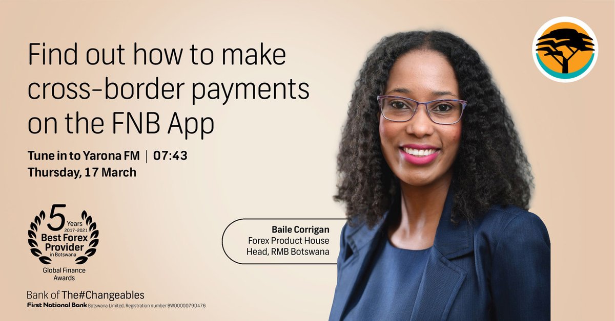 FNB_Botswana's tweet photo. Join the discussion on Yarona FM this morning to learn how you can make payments to anywhere in the world, from the palm of your hand on the FNB App.
#FNBB Bank of #TheChangeables #30YearsofPositiveChange https://t.co/zdIW8WoXR0