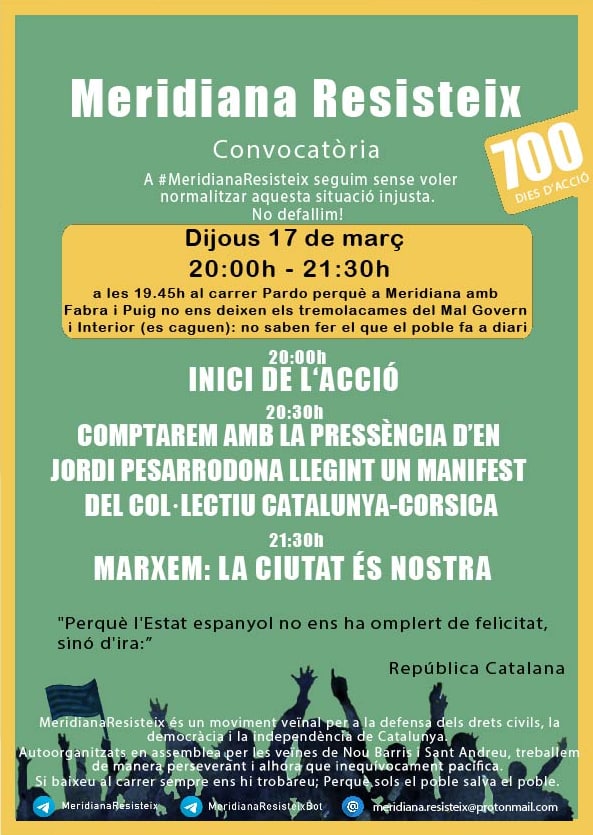 MeridianaResis1's tweet photo. Meridianes! Avui us convoquem a una nova jornada combativa.
RESISTÈNCIA!🏴
📌Portem 700 dies. 700 dies de resistència meridiana independentista i l'únic balanç que podem fer totes fins al dia d'avui és que aquesta resistència l'estem fent cap a l'autoritat i cap el @govern⤵️ https://t.co/ja3tNOsePG