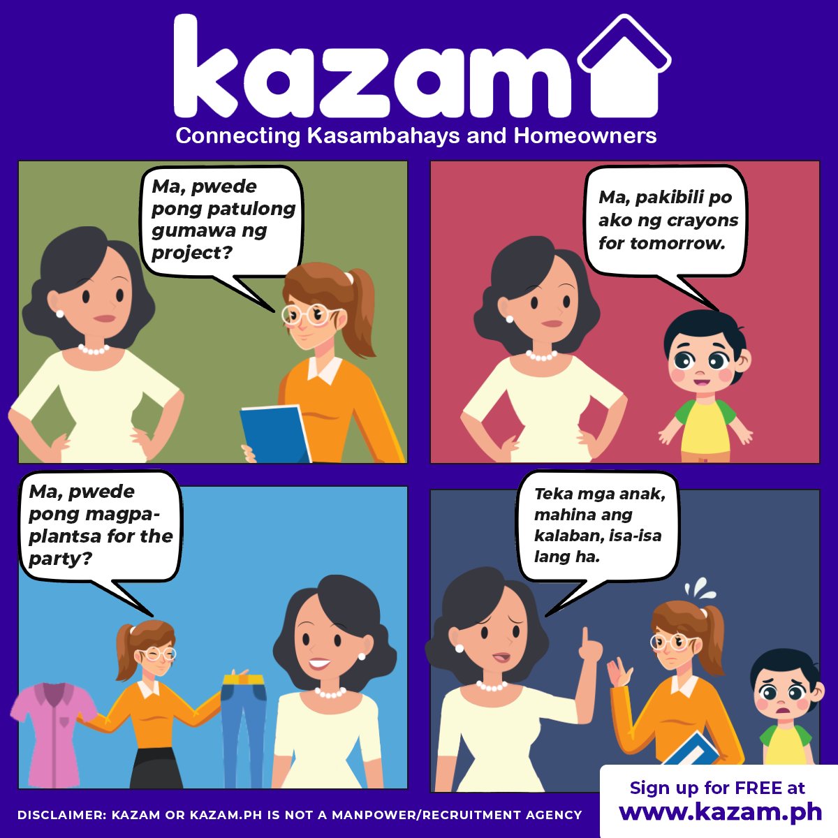 kazamph's tweet photo. Nakaka-relate ka ba, Mommy? Minsan kulang ang oras sa isang araw para matapos ang mga kailangang gawin para sa pamilya. Hindi masamang humingi ng tulong paminsan-minsan. Maghanap ng makakatulong sa Kazam!
Sign up for free at https://t.co/V3P6WHrK7E
#kazam #kazamph  #notanagency https://t.co/138K8wYDiG