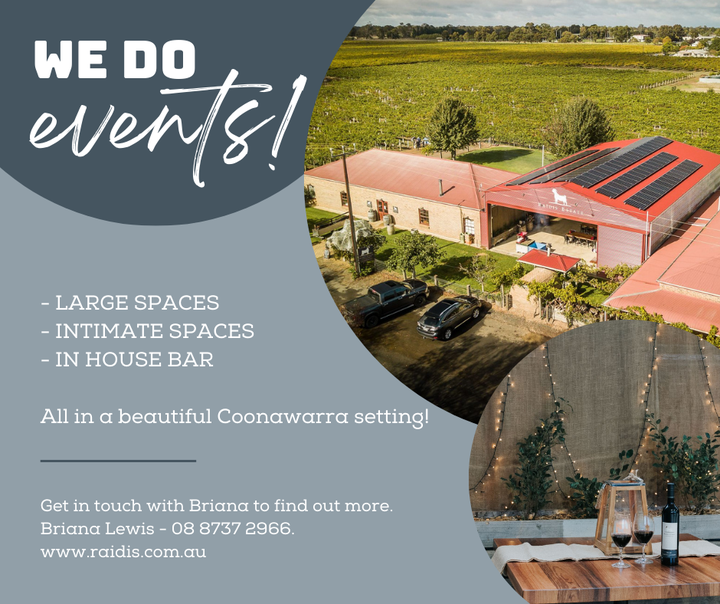 Let us take care of the details so you can focus on the big picture! 🥂

Get in touch with Briana to find out more - Briana Lewis 08 8737 2966.

raidis.com.au

#raidisestate #coonawarra #wine #adelaideevents #southaustralia