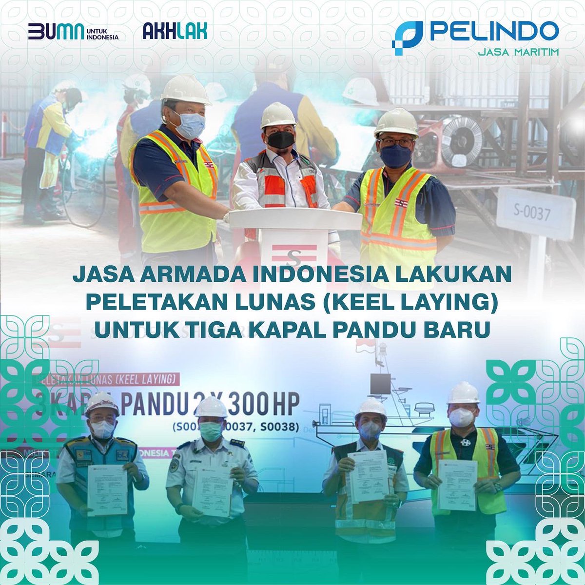 Pelindomaritim's tweet photo. Semarang, 14 Maret 2022. PT Jasa Armada Indonesia Tbk (IDX: IPCM) anak perusahaan Subholding PT Pelindo Jasa Maritim secara resmi meletakan lunas untuk 3 Kapal Pandu baru dengan daya masing-masing minimal 2 x 300 HP Outboard Engine.
#pelindo #subholding #jasamaritim https://t.co/DO6AmDSmW6