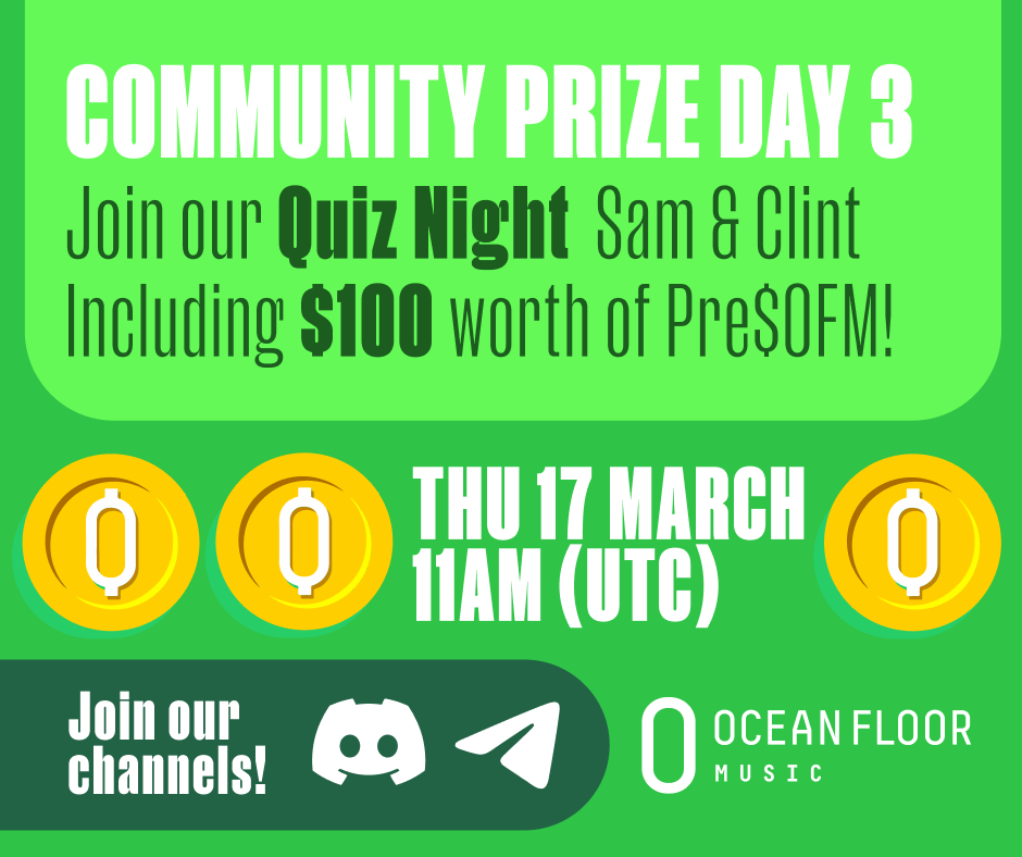 MassiveFanHQ's tweet photo. JOIN OUR QUIZ NIGHT 🏆

- TODAY, Thurs 17th March @ 10AM UTC ! - 

Our founders want to find out who knows Ocean Floor Music the best! 🌊

$100 worth of Pre$OFM up for grabs✨

Join here⤵️
https://t.co/sANRTkxEBm
https://t.co/mKxVLcIqKg

#DiscordCompetition #MusicNFTs https://t.co/2SPO357VhD