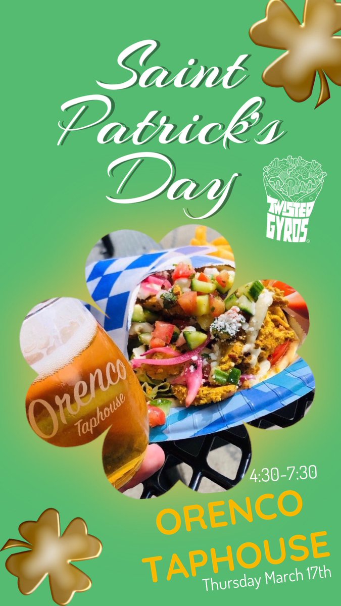 Meet us tomorrow (Thursday 3/17) at <a href="/OrencoTaphouse/">Orenco Taphouse</a> for St Patrick’s Day festivities 🥳 #twistedgyros #pdx #pdxfoodtrucks #StPatricksDay