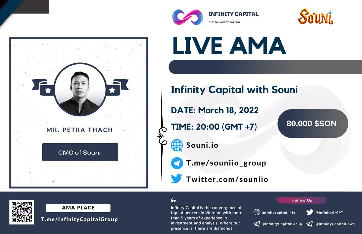 jackyminhtri's tweet photo. 📍Hello everyone,

Infinity Capital will hold an AMA with Souni @souniio on 18th March at 1:00 PM UTC.

https://t.co/lFhJ6GfyaZ

🔹AMA Place: https://t.co/8d7U1onh2S

Like &amp; Rt, tag 3 friends &amp; comment your question below (Max 3 questions each person) https://t.co/U1RnjwZkG8