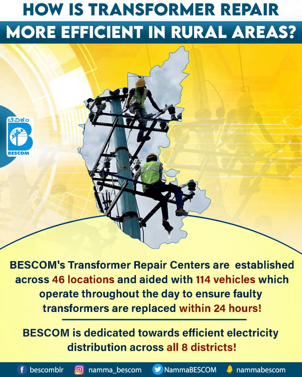 NammaBESCOM's tweet photo. ವಿಫಲಗೊಂಡ ವಿದ್ಯುತ್ ಪರಿವರ್ತಕಗಳನ್ನು ಬೆಸ್ಕಾಂ ಕೇವಲ 24 ಗಂಟೆಗಳೊಳಗೆ ದುರಸ್ತಿಗೊಳಿಸುತ್ತಿದೆ!

ಬೆಸ್ಕಾಂ ವ್ಯಾಪ್ತಿಯ 8 ಜಿಲ್ಲೆಗಳ 46 ಪ್ರದೇಶಗಳಲ್ಲಿ ಪರಿವರ್ತಕ ದುರಸ್ತಿ ಕೇಂದ್ರಗಳನ್ನು ಸ್ಥಾಪಿಸಲಾಗಿದ್ದು, ತ್ವರಿತ ವಿದ್ಯುತ್ ಮರುಸ್ಥಾಪನಾ ಕಾರ್ಯಾಚರಣೆಗಳ ಮೂಲಕ ನಿರಂತರ ವಿದ್ಯುತ್ ಪೂರೈಕೆಗಾಗಿ ಶ್ರಮಿಸುತ್ತಿದೆ.

@mdbescom https://t.co/YHxJqg8i0C