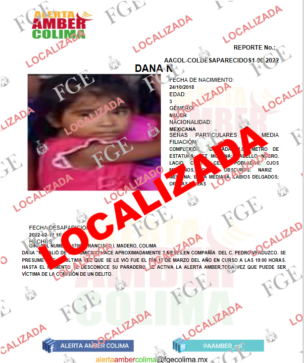 AAMBER_col's tweet photo. Nos es grato informar que ha quedado desactivada la Alerta que se emitió por la desaparición de la menor, DANA N, debido a que ya fue localizada. https://t.co/4xk0iJidTS
