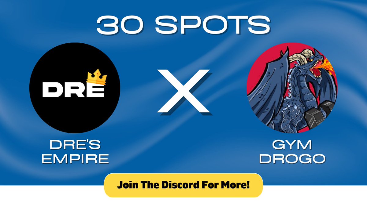 Dre (@dres_empire) on Twitter photo Dre's Empire x Gym Drogo
@GymDrogo have given us 30 spots to giveaway on our alpha group: discord.gg/dresempire
Requirements: 
1. Follow @GymDrogo, <a href="/Dres_Empire/">Dre</a> and <a href="/satanityeth/">Satanity</a>
2. Like, RT and Tag 3 friends
3. Join the discord above
Ends in 24 hours!!! Dre's Empire x Gym Drogo
@GymDrogo have given us 30 spots to giveaway on our alpha group: discord.gg/dresempire
Requirements: 
1. Follow @GymDrogo, <a href="/Dres_Empire/">Dre</a> and <a href="/satanityeth/">Satanity</a>
2. Like, RT and Tag 3 friends
3. Join the discord above
Ends in 24 hours!!!