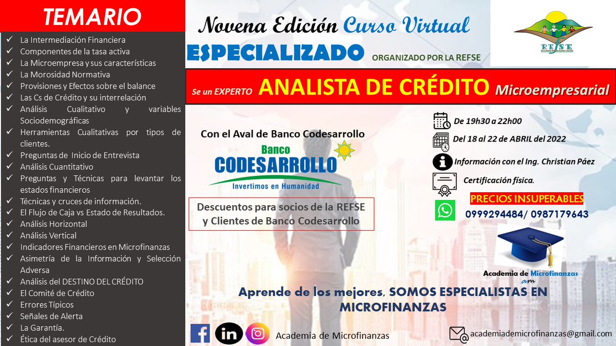 Convertirte en un ANALISTA DE CRÉDITO microempresarial experto, te enseñamos como se hace un microcrédito y las mejores técnicas de análisis. Mejora tu calidad de originación y evaluación.
Informes al siguiente link bit.ly/3mRDxpa o al 0999294484