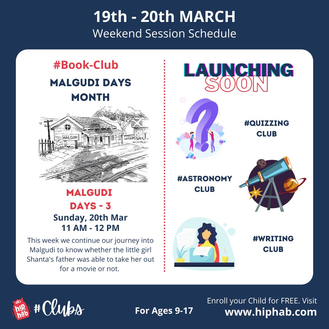 Hip_Hab's tweet photo. 19-20 Mar Weekend schedule (1/2)
#Cooking-Club - Let's learn about Spices
#Public-Speaking-Club - Multiple Character Portrayal
#Book-Club - Malgudi Days - 3

**PLUS**
Exciting new #clubs launching soon.

#spices #spicesofindia #kitchen #storytelling  #astronomy #quizzing #writing https://t.co/y64zqy6CSS