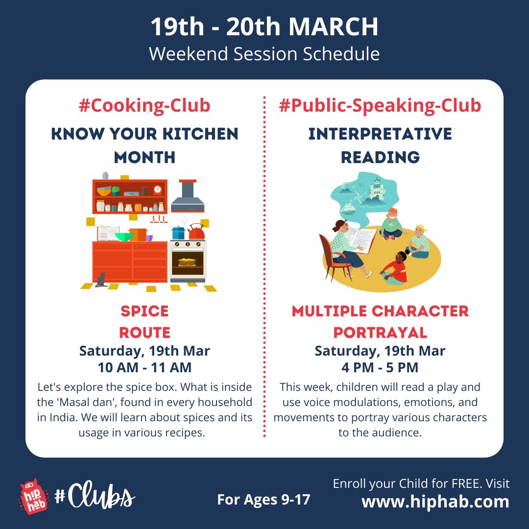 Hip_Hab's tweet photo. 19-20 Mar Weekend schedule (1/2)
#Cooking-Club - Let's learn about Spices
#Public-Speaking-Club - Multiple Character Portrayal
#Book-Club - Malgudi Days - 3

**PLUS**
Exciting new #clubs launching soon.

#spices #spicesofindia #kitchen #storytelling  #astronomy #quizzing #writing https://t.co/y64zqy6CSS
